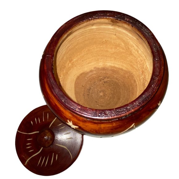 Handcarved Wood Jar Canister Vintage Floral Lid Eclectic Rustic Decor Brown - Picture 4 of 5